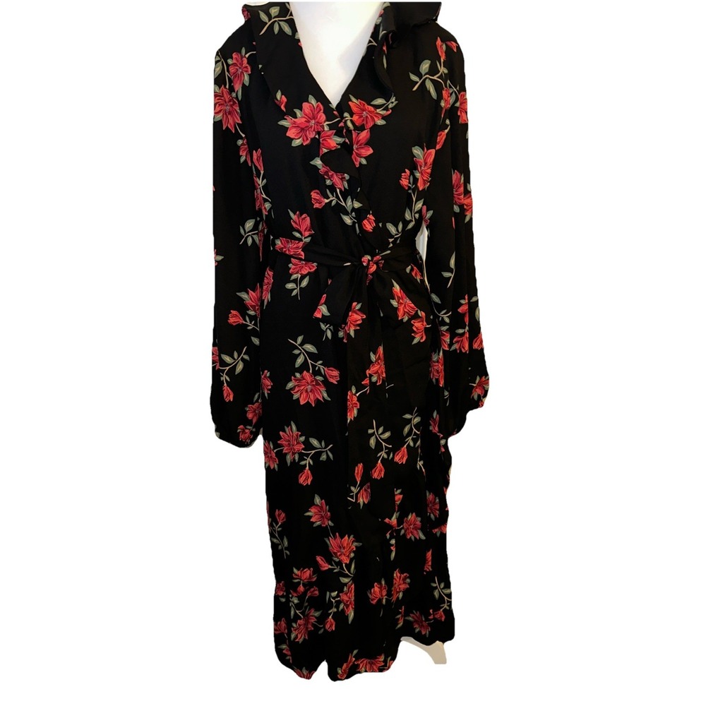 Draper James Long sleeve Wrap Dress Lined Back And Red Floral With Ruffles XL